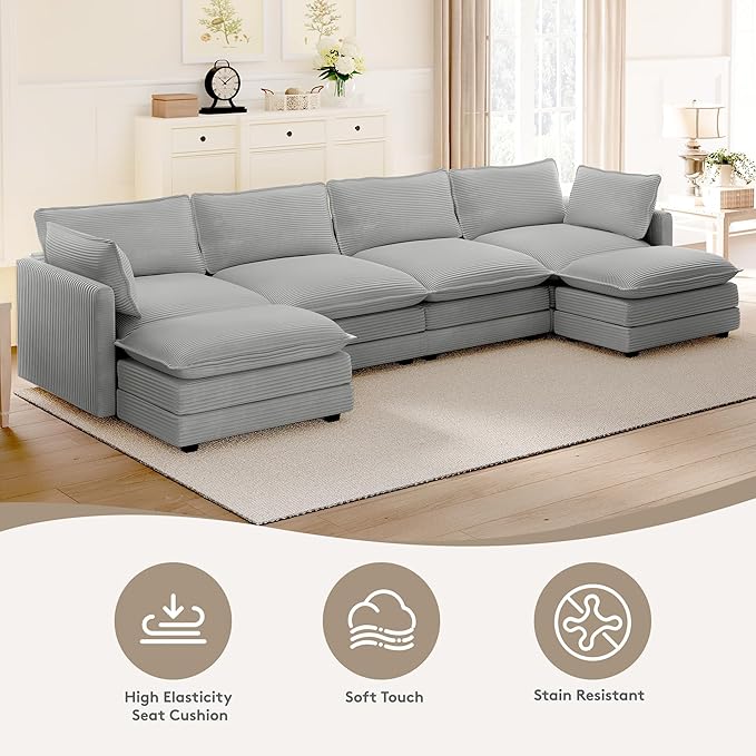ROWHY 148'' Sectional Cloud Couch with 2 Ottomans, Oversized 4 Seat Sleeper Sofa with 2 Throw Pillows, Convertible Upholstered U Shaped Cozy Sofa Furniture Set for Living Room and Office, Light Grey