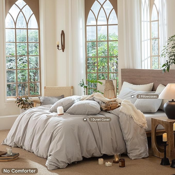 MooMee Wavy Striped Duvet Cover Set 100% Washed Cotton Linen Like Textured Breathable Durable Soft Comfy (Light Grey, Cal King 104"x98")