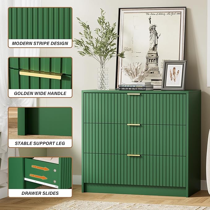 Green Dresser for Bedroom, Modern Dresser with 3 Drawers and Smooth Slides, Wide Chest of Drawers with Golden Handles for Bedroom, Living Room, Closet, 15.7" D x 31.5" W x 29.6" H
