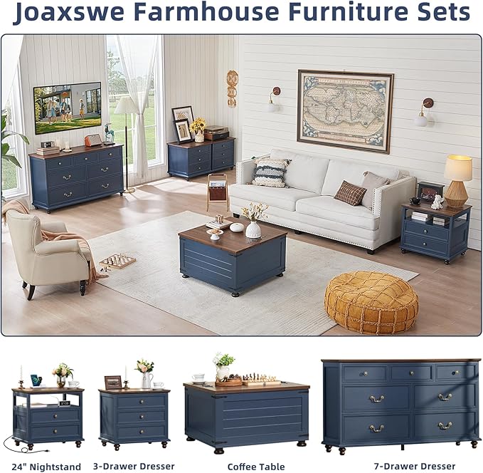 24" Wide Farmhouse Nightstand with Charging Station Set of 2,54" 7 Drawers Dresser, 45" Tall Rustic Chests of 5 Drawers, Farmhouse Furniture Series for Bedroom,DarkBlue