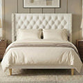 Full Size Bed Frame White Velvet, 47.2" Tall Wingback Headboard with Gold Nailhead Trim, Upholstered Platform Bed with Diamond Tufting, 1000lbs Heavy Duty Support, No Box Spring Needed