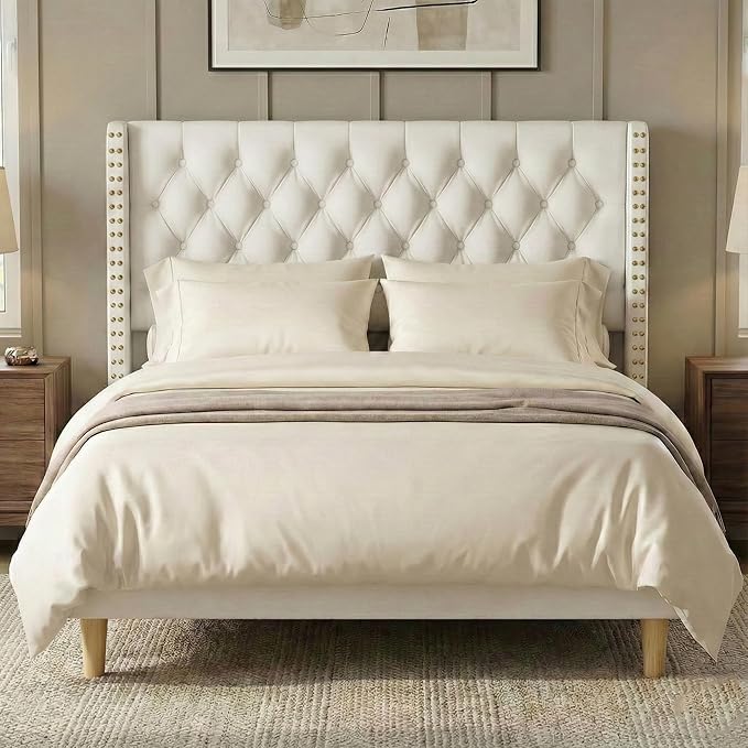 Full Size Bed Frame White Velvet, 47.2" Tall Wingback Headboard with Gold Nailhead Trim, Upholstered Platform Bed with Diamond Tufting, 1000lbs Heavy Duty Support, No Box Spring Needed