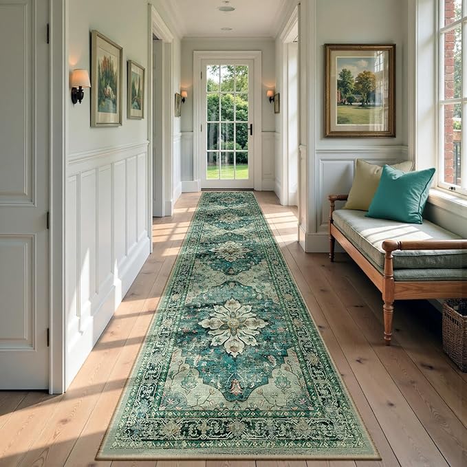 Area Rugs 2'6''x14' Washable Non-Slip, Floral Vintage Distress Print Pattern Medallion Carpet for Living Room Bedroom Dining Room, Dark Blue Vintage