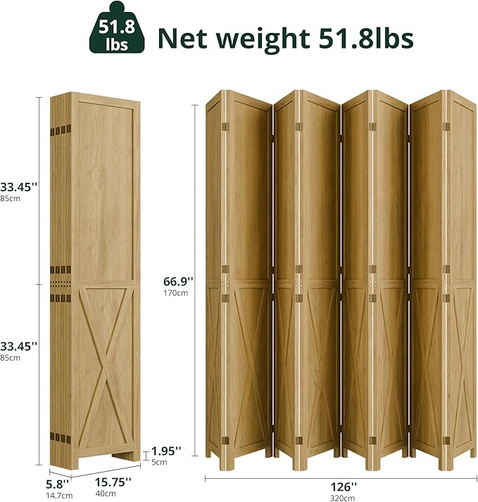 Cozy Castle Wood Room Divider, 8 Panels Folding Privacy Screen, 66.9'' Wall Divider, Barnwood Room Separator, Freestanding Partition, Temporary Wall for for Home Office Restaurant Decorative, Natural