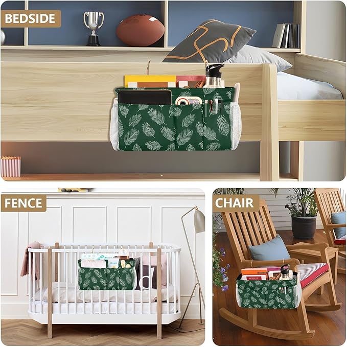 Bedside Caddy Hanging Bunk Bed Caddy Bed Organizer Hanging Pocket with 2 Hooks Bedside Storage Organizer Pocket Bag Holder Green Simple Palm Leaf