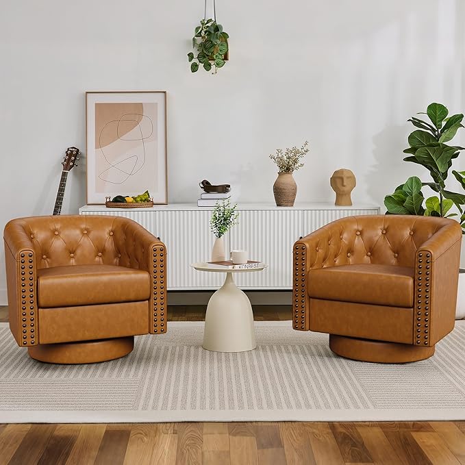 Swivel Barrel Accent Chair,Round Nailhead Faux Leather Living Room Arm Chairs,Modern Upholstered Comfty Reading Nook Chairs for Bedroom,Small Club Armchair,Single Sofa Side Chair,Caramel Brown
