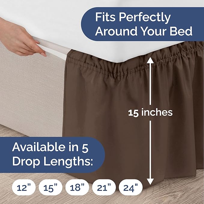 Wrap Around Dust Ruffle Bed Skirt - Brown - for Full Size Beds with 15 Inch Drop - Easy Fit Elastic Strap - Adjustable Pleated Bedskirt w/Brushed Fabric - Wrinkle Free - for Women, Men, Kids & Teens