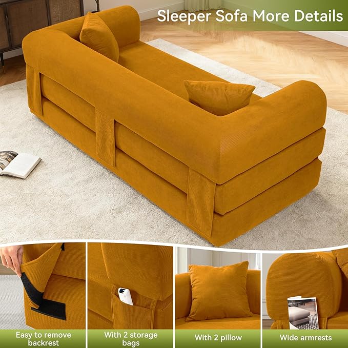 Convertible Futon Sofa Bed,80" Folding Pull Out Couch Bed with Storage,Queen Sleeper Sofa Bed,Compressed Couch in a Box,Corduroy Boneless Couches for Living Room,Yellow