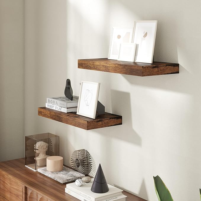 20 Inch Floating Shelves for Wall, 8 Inch Deep Floating Shelf for Storage & Display, Wall Mounted Shelf with Invisible Brackets for Living Room, Kitchen, Bathroom, Home Decor, Set of 2, Rustic Brown