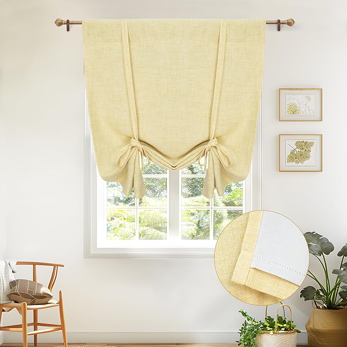 DriftAway Double Layer Linen Blackout Tie Up Curtains Thermal Insulated Fully Lined Balloon Roman Shade Bathroom Window Adjustable Rod Pocket for Small Window 25 Inch by 47 Inch Yellow