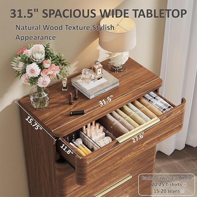 5 Drawer Dresser for Bedroom, 45" Tall Modern Chest of Drawers with Metal Handle, Curved Profile Design, Wooden Closet with Large Drawers Dressers Organizer for Entryway Hallway