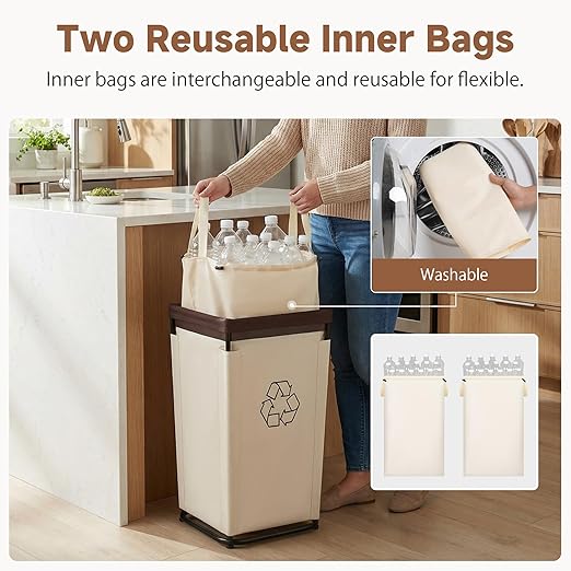 StorageWorks Recycling Bin with Lid, 29Gal Large Recycling Bin for Kitchen, Indoor Recycling Bins with 2 Reusable Washable Bags for Bottles and Cans, Steel Frame Fabric Sorter, 110L, Beige