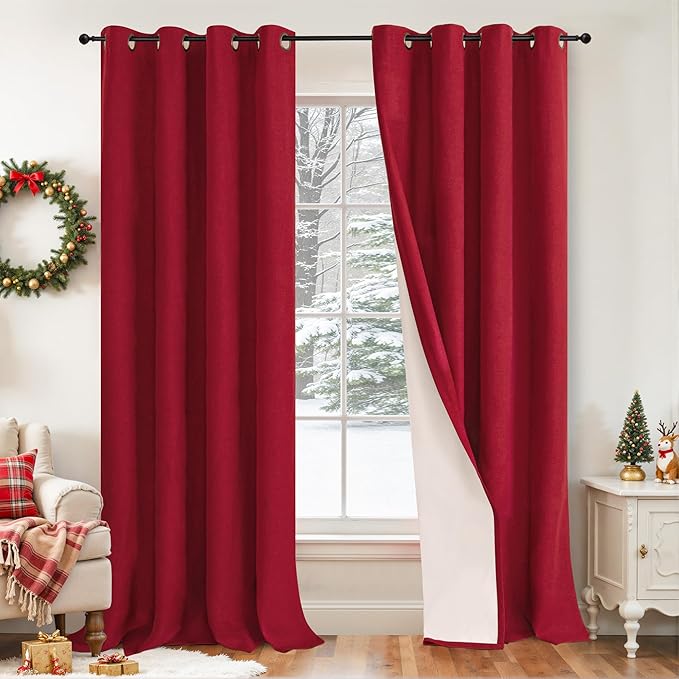 Linen Blackout Christmas Curtains - Red Thermal Insulated Curtains 90 Inch Long for Bedroom Living Room, Thick Heavy Light Blocking Energy Saving Soundproof Drapes Each 52x90 Inch 2 Panels