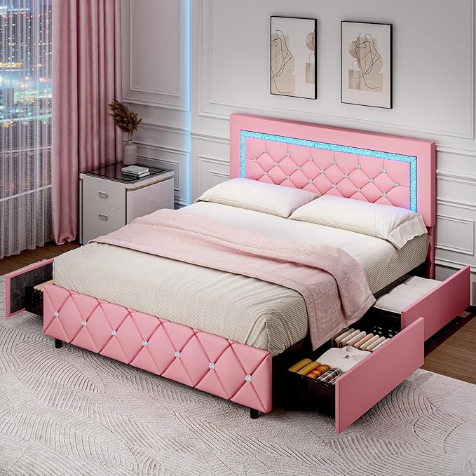 BarnFurin Queen Bed Frame with LED Lights, Upholstered Bed Frame with 4 Storage Drawers, Princess Platform Bed with Diamond Headboard and Footboard, No Box Spring Needed, Pink