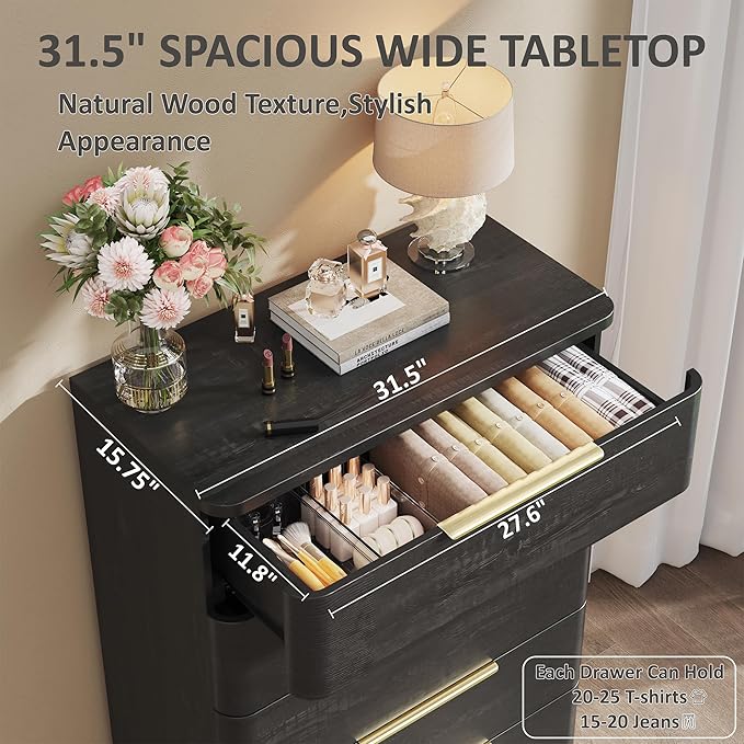 5 Drawer Dresser for Bedroom, 45" Tall Modern Chest of Drawers with Metal Handle, Curved Profile Design, Wooden Closet with Large Drawers Dressers Organizer for Entryway Hallway