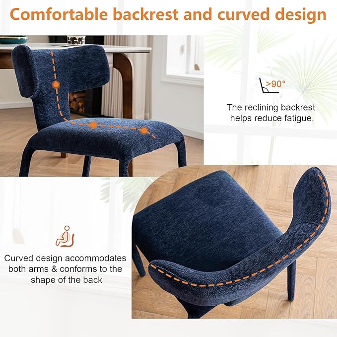 Kidol & Shellder Dining Chairs Set of 2,Modern Upholstered Fabric Dining Room Chairs with Curved Barrel Back,Armless Kitchen Chairs with Metal Legs and Padded Seat for Living Room and Bedroom Blue