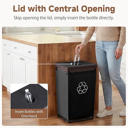 StorageWorks Recycling Bin with Lid, 29Gal Large Recycling Bin for Kitchen, Indoor Recycling Bins with 2 Reusable Washable Bags for Bottles and Cans, Steel Frame Fabric Sorter, 110L, Black