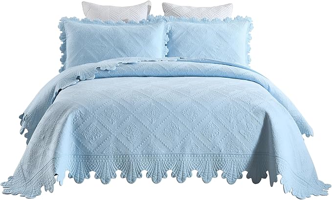MarCielo 3-Piece 100% Cotton Oversized Bedspread Lightweight Quilt Coverlet Embroidery Farmhouse Bedding Set (TK Light Blue, Oversized Queen (100"x106"))