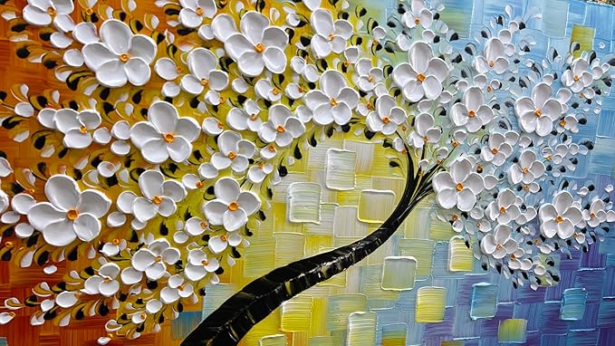 YaSheng Art -hand painted White Flowers Paintings Oil Painting On Canvas Abstract Texture Palette Knife Tree Paintings Modern Home living room Bedroom Dining Room Wall Decor Ready to hang 20x40inch
