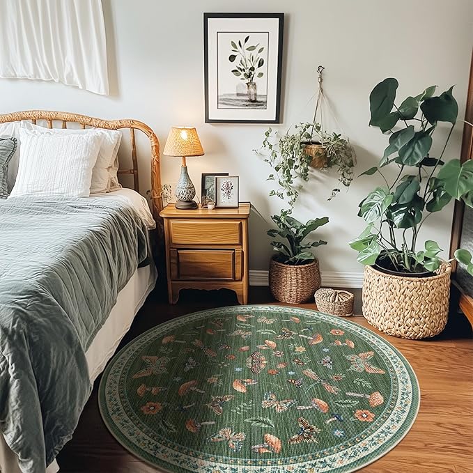 Mushroom Insect 7ft Round Rug Washable Non-Slip Soft Ultra-Thin Large Boho Circle Carpet for Entryway Kitchen Bedroom Nursery Dining Room Green