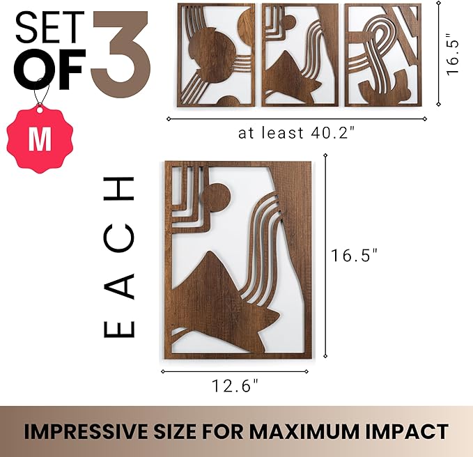 qmmp Modern Wooden Wall Sculptures - Set of 3 - Home Decor Accent - Large Wall Art for Living Room, Bedroom, Office - Easy Installation (Walnut, Medium - Abstract Shapes)