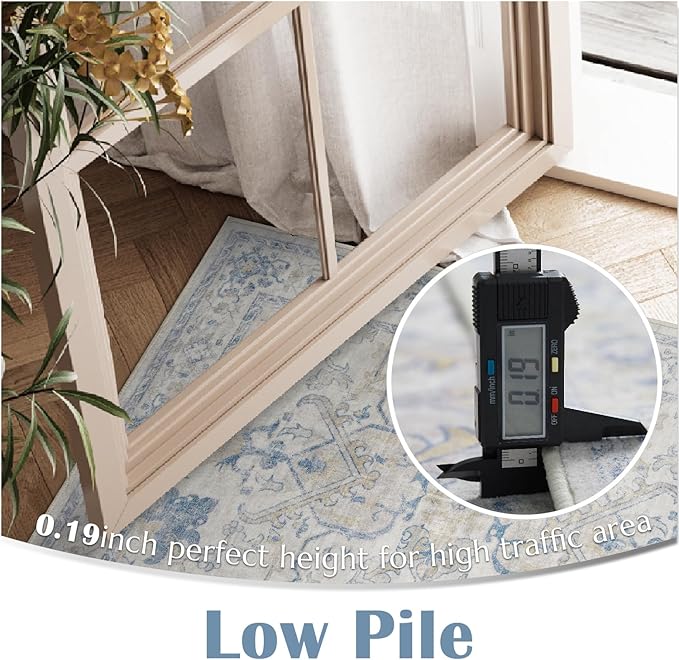 jinchan Hallway Runner Rug 3x8 Machine Washable - Vintage Floral Non-Slip Low-Pile Soft Ultra-Thin Faux Wool Kitchen Rug Distressed Carpet Runner for Farmhouse Bedroom Laundry Room (3x8ft, Blue)