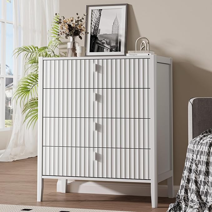 White 4 Drawer Dresser, Modern Chest of Drawers for Bedroom, Wood Fluted Dresser Organizer with Deep Drawers for Clothes, Nightstand for Bedroom, Hallway, Living Room, Entryway
