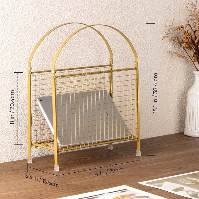 PUERSI Freestanding Magazine Holder – Modern Touch Handbag Design, Magazine Organizer Metal Rack for Books, Vinyl Record, Newspaper (Gold)