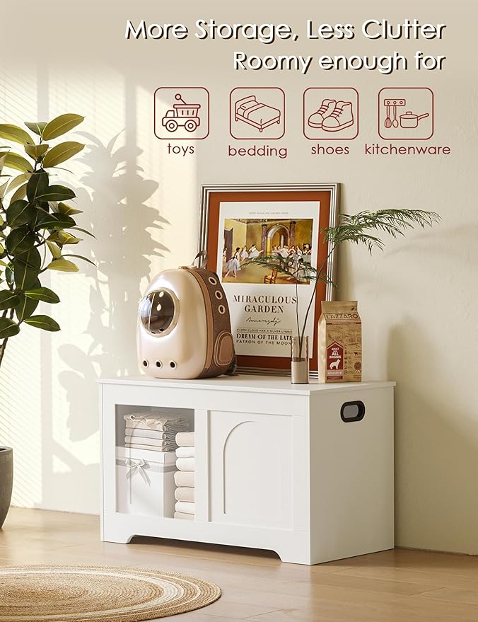 DINZI LVJ Storage Chest, 31.5”Wooden Toy Box with 2 Safety Hinges, Entryway Storage Bench with Flip-Top, Sturdy Storage Trunk for Living Room, Bedroom, Easy Assembly, White