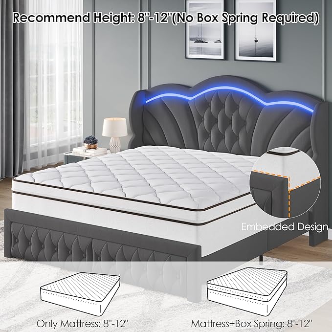 Keyluv Full Bed Frame with LED Lights and 2 Storage Drawers, Velvet Upholstered Platform with 47" Tall Arc-Shaped Wingback Headboard and Button Tufted Design, No Box Spring Needed, Noise-Free, Gray