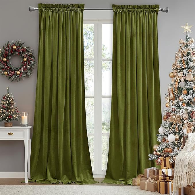 StangH Green Velvet Curtains for Living Room, 96 inches Long Thermal Insulated Blackout Window Drapes for Sliding Door, Christmas Holiday Backdrops, Olive Green, W52 x L96, 2 Panels