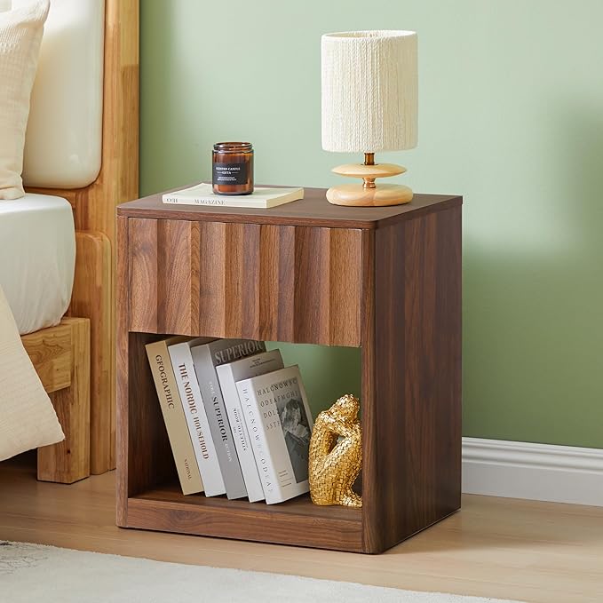 Fluted Dresser, Small Nightstands Set of 2, Walnut Bedside Table with Drawer and Storage, Mid Century Modern Side Table for Bedroom Sofa