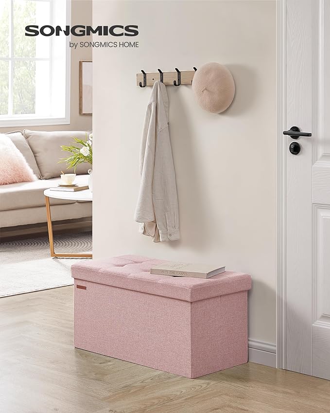 SONGMICS Mazie Collection - 30 Inches Folding Storage Ottoman Bench, Ottoman Foot Rest, End of Bed Bench, Storage Chest, Load 660 lb, for Living Room, Bedroom, Entryway, Jelly Pink ULSF047R11
