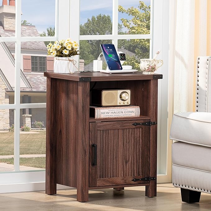 Joaxswe Night Stand Set of 2, 18 Inch Farmhouse Nightstand with with Charging Station and USB Port, Rustic Wood Bedside Table with Magnetic Door, Bed Side Tables for Bedroom, Brown Walnut
