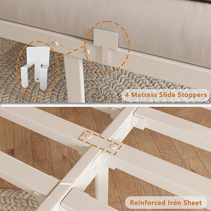 12 Inch Full Bed Frame, Platform Bed Frames with Metal Gaskets, Anti-Slip Mattress Stopper, No Box Spring Needed, Heavy Duty Steel Slat Support, Round Corner Leg, Easy Assembly, White