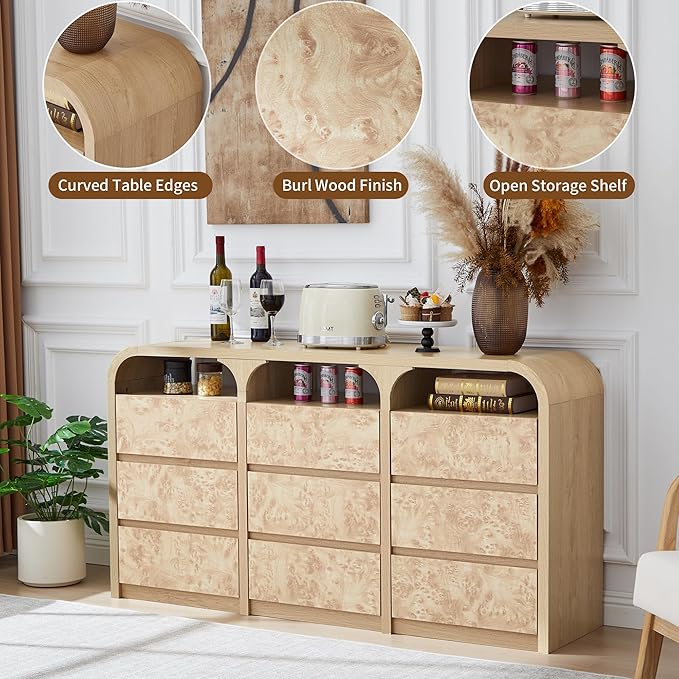 9 Drawer Dresser for Bedroom, Modern Chest of Drawers with Open Shelf, Burl Wood Long Storage Dressers for Closet, Living Room, Hallway (Natural)