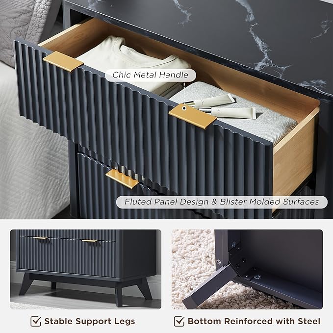 T4TREAM Fluted 3 Drawers Nightstand Set of 2, Oversized Extra Large Modern Side Table with Faux Marble Top, End Table Bedside for Bedroom, Living Room, Curved Profile Design, Dark Grey | Fluted, Modern, 3 Drawers, w/Storage, for Bedroom, Living Room