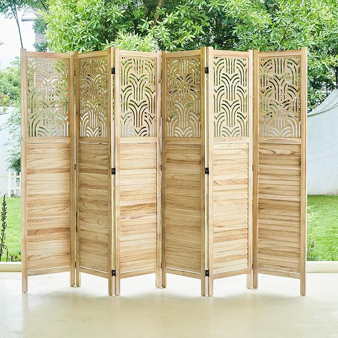 Svimi Folding Room Divider, 66.9 Inch 6 Panels Wood Carved Privacy Screens, Free Assembled Freestanding Portable Separation Wall for Home Office Bedroom (Natural)