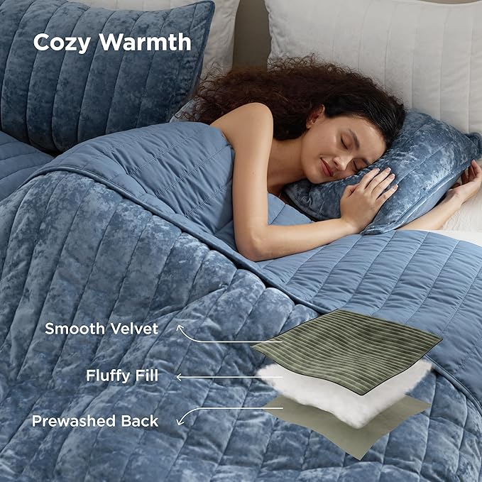 Bedsure Velvet Quilt King Size Set - 108"x96" Lightweight Velvet Comforter King, Oversized Luxury Bedspread Coverlet, Ultra-Soft Winter Bedding Set with 2 Pillow Shams, Blue