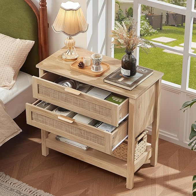 LEYAOYAO 31.5" Wide Rattan Night Stand, Oversized Large Boho Nightstand with 2 Drawer, Natural Wood Bed Side End Tables with Storage Shelf, Tall Bedside Table for Bedroom Living Room, Hallway