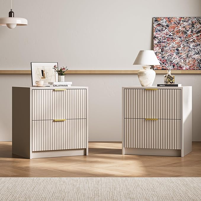 3-Piece Dresser Bedroom Set, 6 Drawer Dresser & 2 Drawer Nightstands with Gold Handles, Fluted Wood Chest of Drawers for Bedroom, Living Room, Entryway, Beige