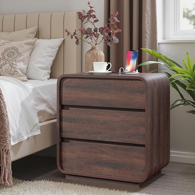 Walnut 3 Drawers Nightstand, 25" Tall Wooden Bedside Table with Charging Station, Large Side Table Curved Profile, Handleless, Large End Table Night Stand for Bedroom, Office