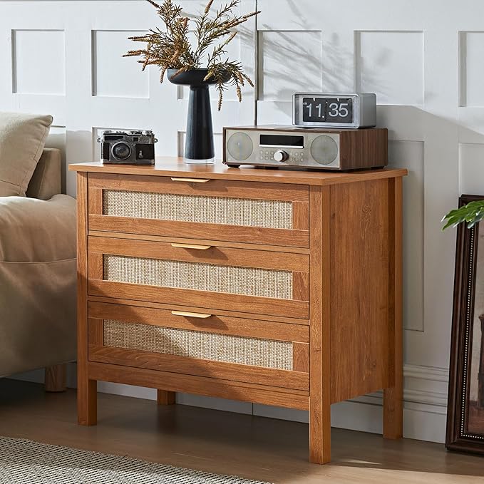LEYAOYAO 31.5" Wide Rattan Nightstand, Large Boho 3 Drawer Night Stand, Tea Brown Bedside Table with Storage, Tall Bed Side End Tables, Chest of Drawers Dressers for Bedroom, Living Room, Hallway