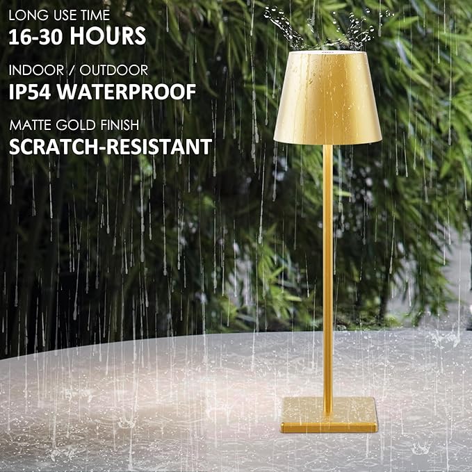 2-Pack LED Cordless Table Lamp 3W 5500mAh Rechargeable Battery Operated Stepless Dimmable Portable Lamp for Restaurant, Bedroom, Outdoor (Gold)