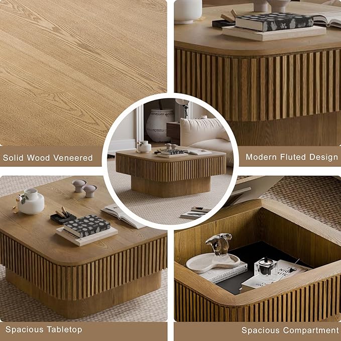 Square Small Coffee Table with Storage, Modern Wooden Coffee Table with Solid Wood Veneered, Fluted Center Table Drum Tea Table for Living Room Apartment, 31.5''L×31.5''W×14''H
