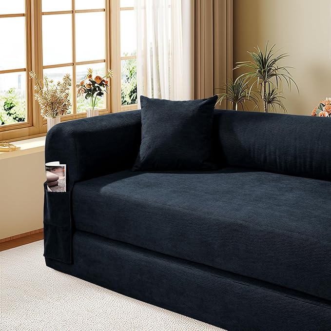 Convertible Futon Sofa Bed,80" Folding Pull Out Couch Bed with Storage,Queen Sleeper Sofa Bed,Compressed Couch in a Box,Corduroy Boneless Couches for Living Room,Deep Blue
