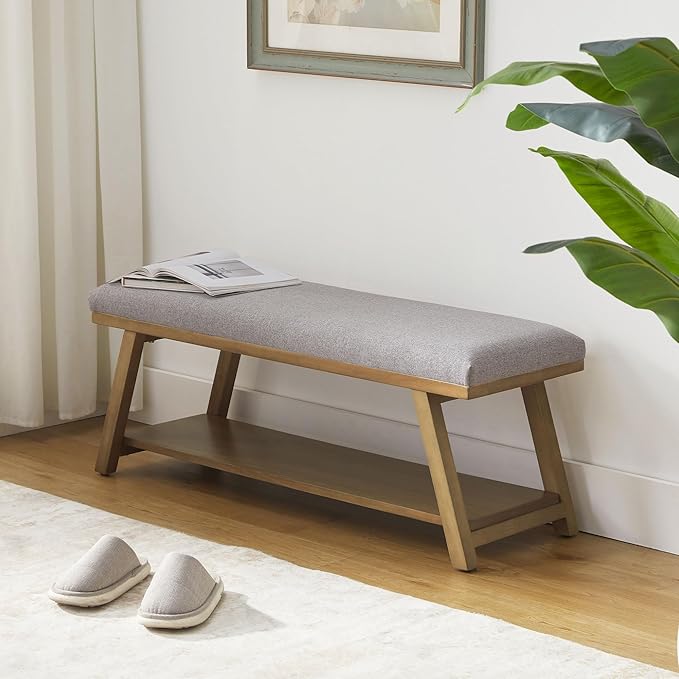 45" Entryway Bench Upholstered Storage Bench for Bedroom Shoe Rack Bench for Living Room, Hallway, Mudroom, Balcony, Sturdy Indoor Bench Seat Holds Up to 300 lbs (Grey)