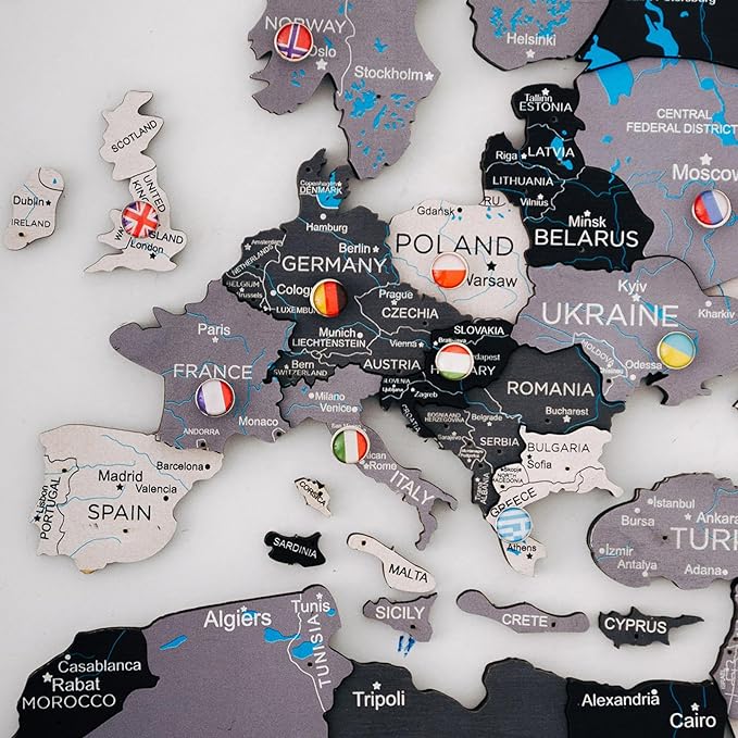 Handmade 3D Wood World Map Wall Art Large Wall Decor Track Your World Travels - Special for Home, Kitchen and Office (Pins, Flags Push Pins)