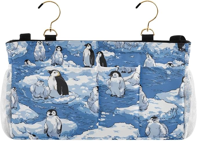 Bedside Caddy Hanging Bunk Bed Caddy Bed Organizer Hanging Pocket with 2 Hooks Bedside Storage Organizer Pocket Bag Holder Blue Penguins Ice Floes Snow Water