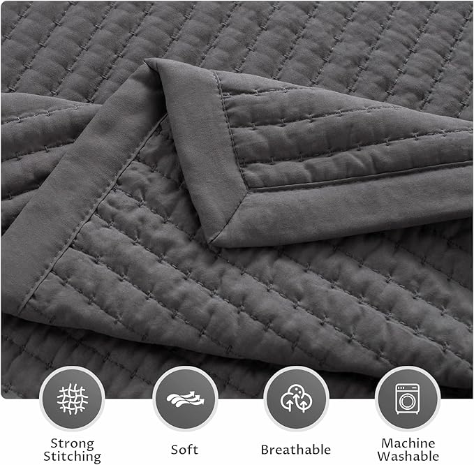 KASENTEX Queen Quilt Set 90"x90" – Soft Washed 3-Layer Lightweight Bedspread, Minimalist Nordic Design, All-Season Spring & Summer Quilt Set (1 Quilt + 2 Pillow Shams),Tornado Dark Grey